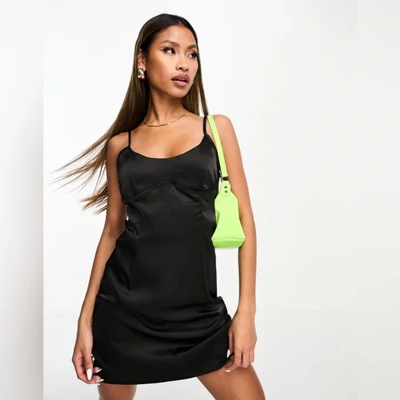naanaa satin dress NAANAA Black Satin Cami Dress with Choker UK 12 US 8 Spaghetti Strap NWT